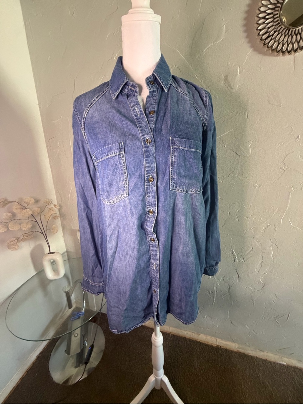 Denim Button-Front Tunic Shirt - Blue
